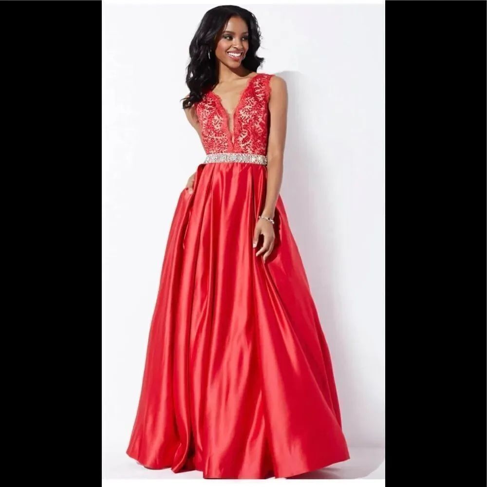 NEW JOVANI 28728 red lace fit & flare formal prom maxi dress 8